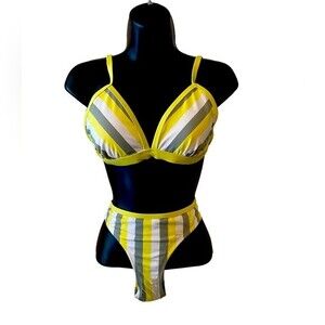New yellow & grey stripe bikini & swimskirt set size med. Resortwear